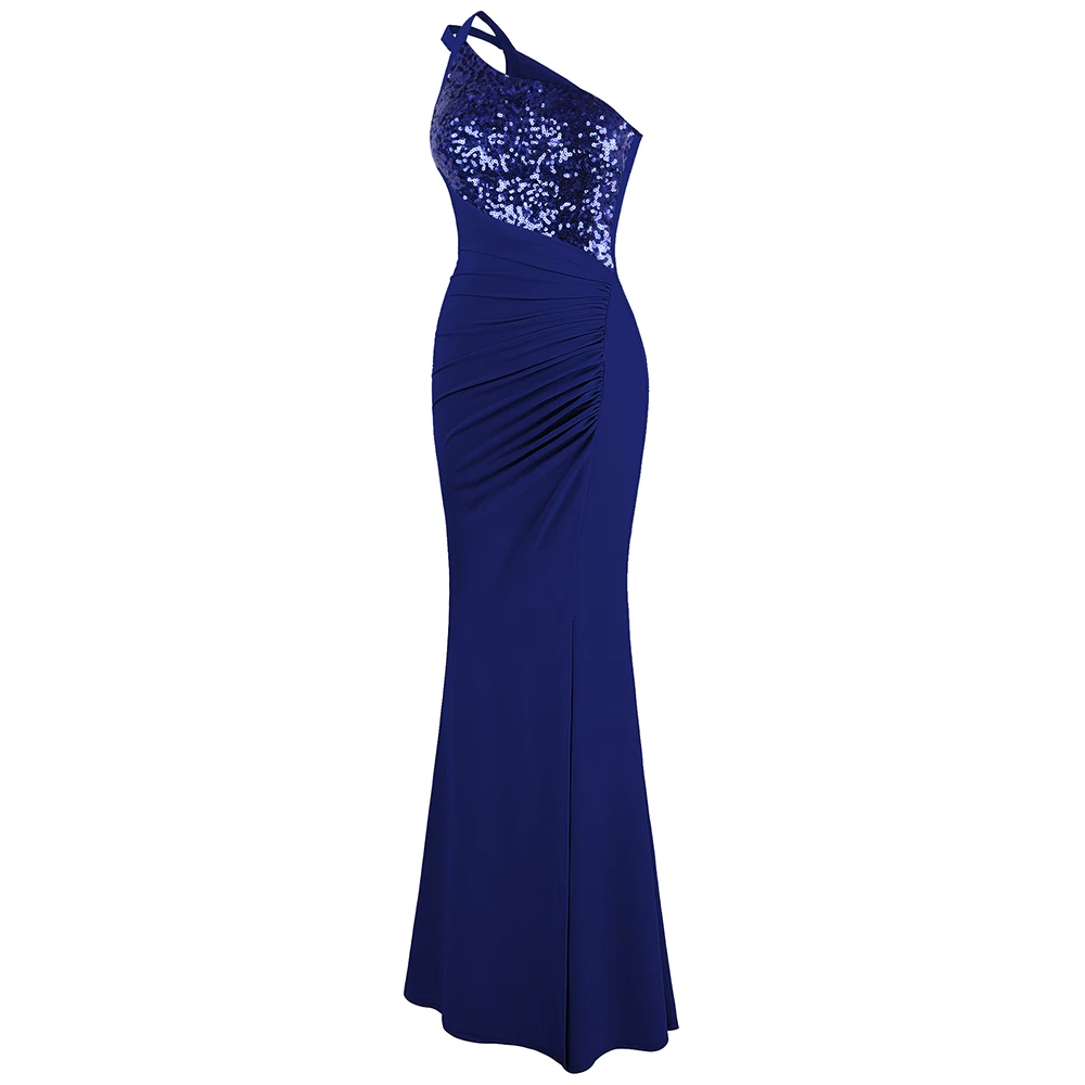 Angel-fashions Women's One Shoulder Splicing Evening Dress Long Formal Party Gown Pleated Slit Blue Gray 399