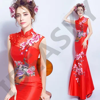 cheongsam dress lace red blue white qipao long dragon and phoenix chinese style wedding traditional elegant long mermaid