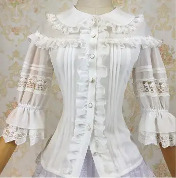 

2017 Summer Sweet Ruffled Lolita Chiffon Lace Blouse with Hollow out Three Quarter Flare Sleeve