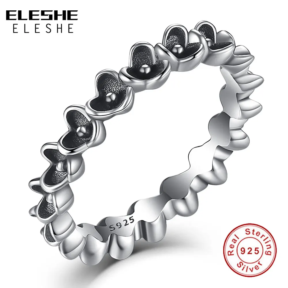 ELESHE Genuine 925 Sterling Silver Stackable Ring Flower Black CZ Finger Rings for Women Wedding Anniversary Jewelry