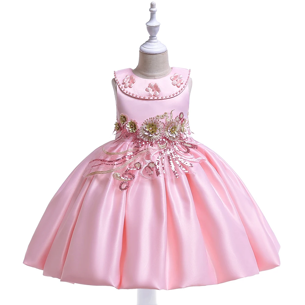 

2019 Floral Dress Girl Knee-Length Sleeveless Solid Dress for Girls Cute O-neck Children Dress Europe Princess Costume