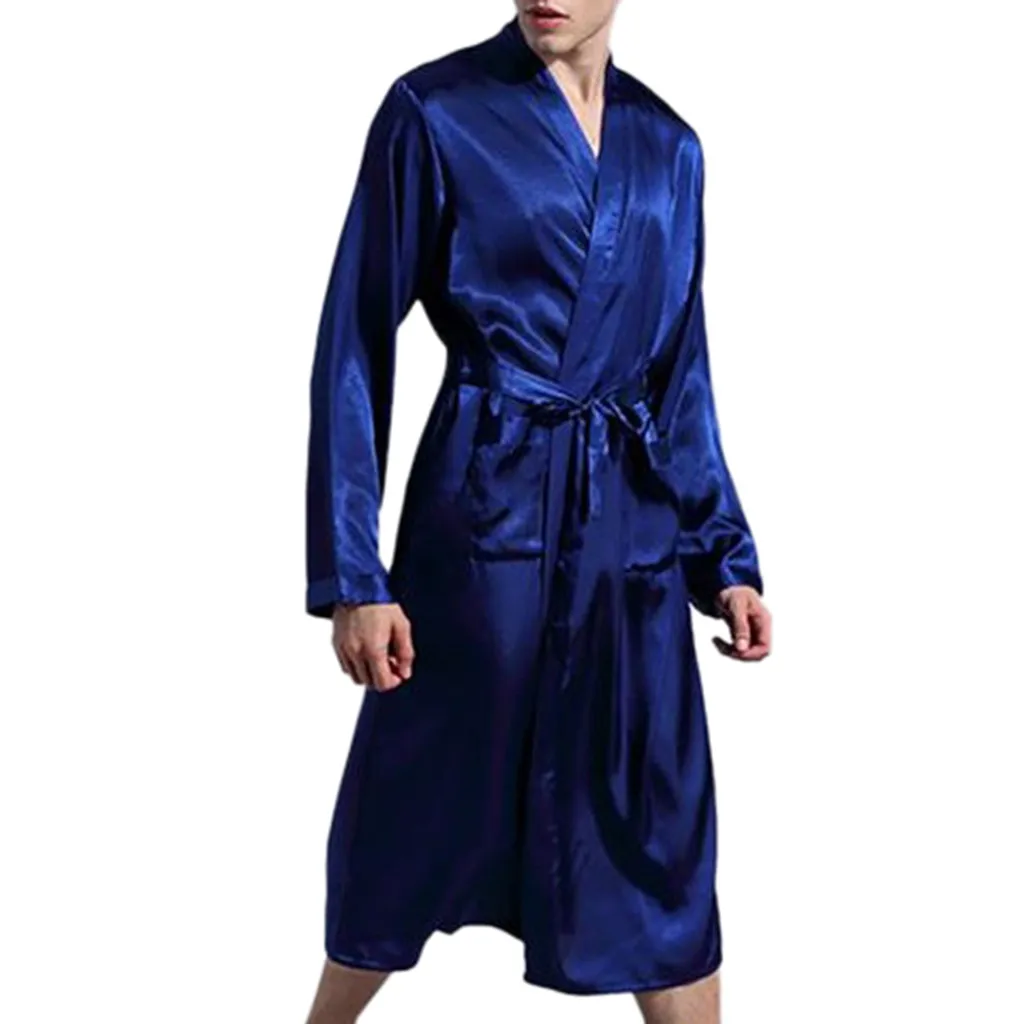 

JAYCOSIN Nightwear Men Summer Solid Pocket Long Sleeve Silk Pajamas Sleepwear nightdress Casual Fashion Suits 4 color 604