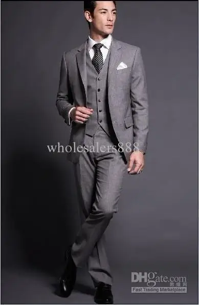 2015 New Fashion - Custom Made Grey Groom Tuxedos Notch Lapel Groomsmen Men Wedding Suits(Jacket+Pants+Tie+Vest)H353 | Мужская одежда