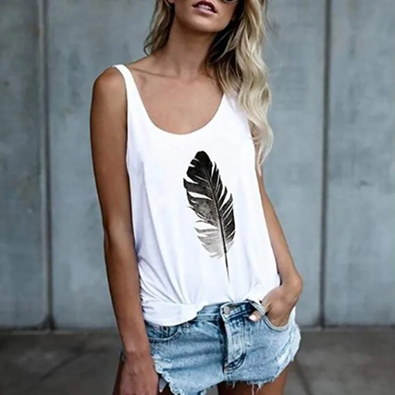 

Fashion Sexy Summer Women's T-Shirts Feather Print Casual Vest Top Sleeveless O Neck Shirts Female Tees Femme Feminina