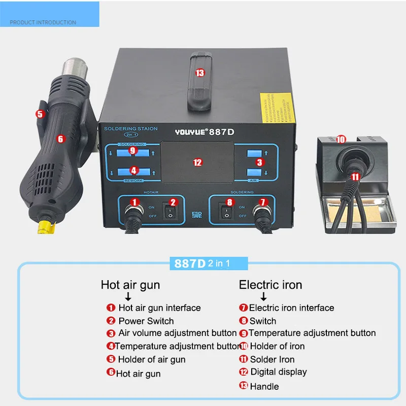 UYUE 887D передовые lcd цифровой термостат регулируемый паяльная станция для распайки горячего воздуха пистолет паяльная станция BGA паяльная станция