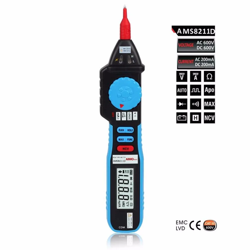 

AMS8211D Pen type Digital Multimeter DC AC Voltage Current Meter Tester Continuity Diode Non-contact Voltage Logic Test