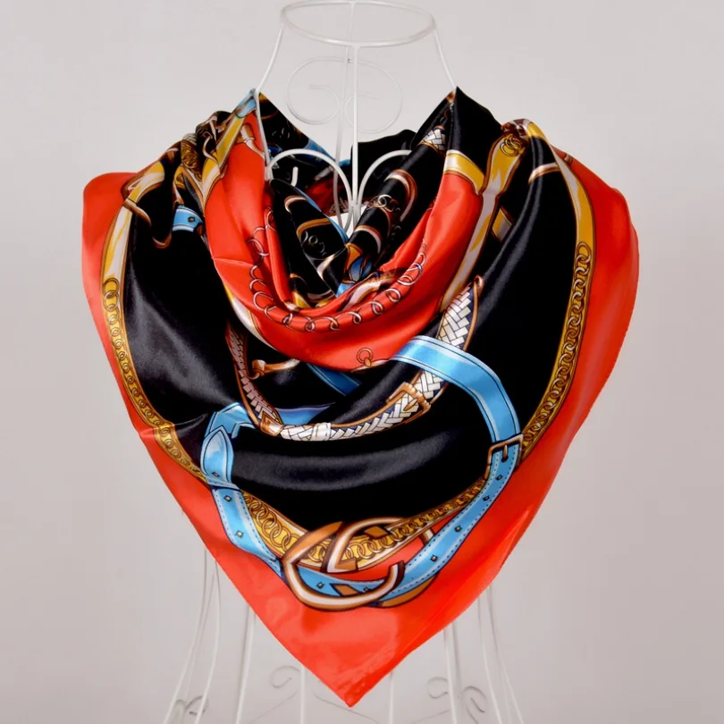 Женский сатиновый большой квадратный шелковый шарф в богемном стиле 90*90 см, красный, синий, разноцветный шарф, шарфы 90*90 см, женский шелковый шарф с принтом - Цвет: black red 577