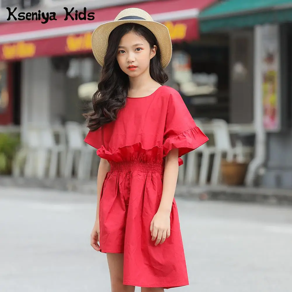 

Kseniya Kids Summer Asymmetrical Girl Red Cotton Princess Novelty Dresses Puff Sleeve Designer Party Dresses For Girls 10 12