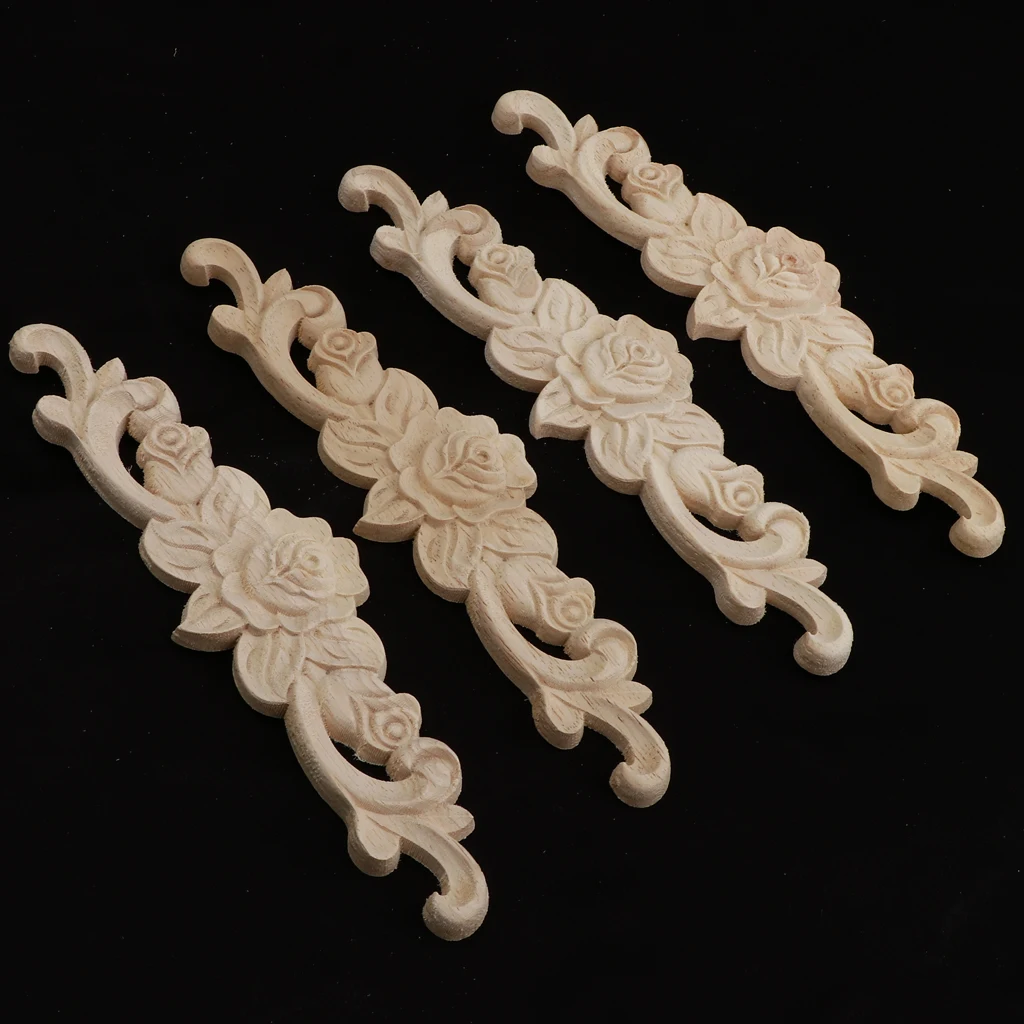 4pcs Retro Unpainted Floral Wood Carved Decal Corner Applique Frame For Home Furniture Wall Cabinet Door Decor