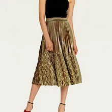 Мода Металлик плиссированные женские юбки высокой талией дамы юбка миди эластичный пояс линии юбка для Для женщин цвета: золотистый, серебристый