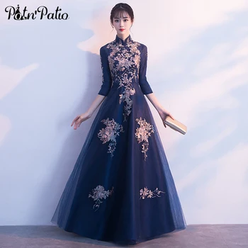 

Vintage High Neck Navy Blue Tulle Evening Gown Long With 3/4 Sleeves Luxury Appliques Floor-Length Formal Dresses Plus Size