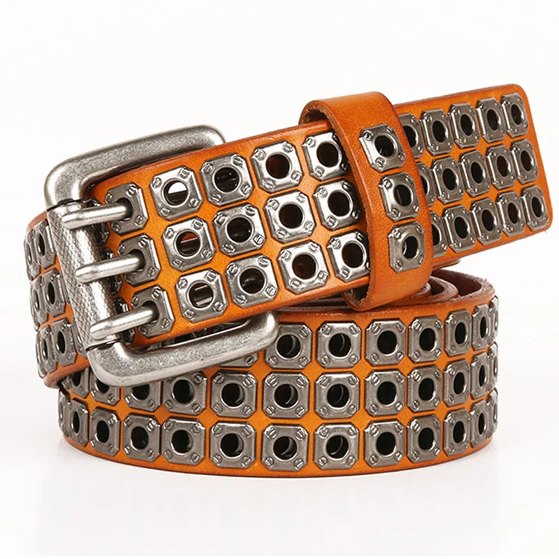

Heavy Metal Cowboy Punk Belt High Quality Genuine Leather Hip Hop Belts for Men Women Cross Rivet Jeans Belt Male Female Strap