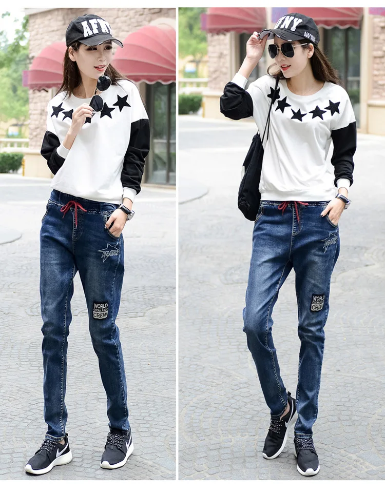 

KL270 New spring women elastic waist jeans harem pants vintage patchwork denim trousers regular clothes