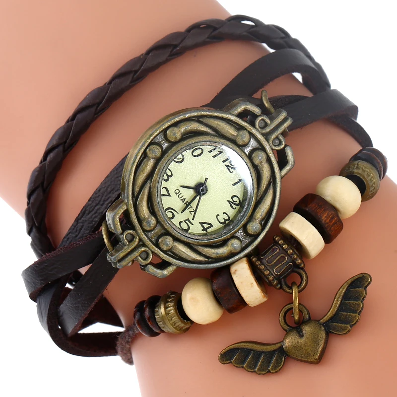 Gnova Платиновые индийские этнический браслет часы крылья Ангела Шарм винтажные часы наручные часы с ремешком из натуральной кожи девушка мода