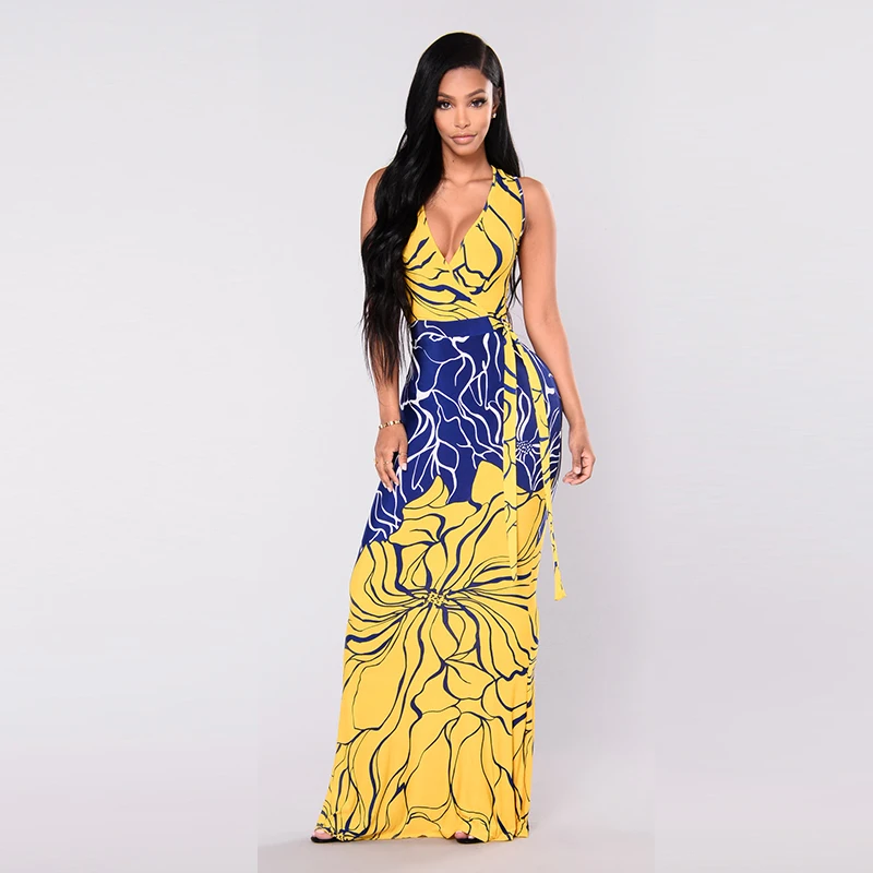 Misstyle Nuovo Senza Maniche Stampato Maxi Vestito Giallo e Blu Dell'arco  Profondo Scollo A V Delle Donne Del Vestito Lungo Casual Dalla Fasciatura  di Bodycon di Usura|sleeveless maxi dress|maxi dresslong dress -