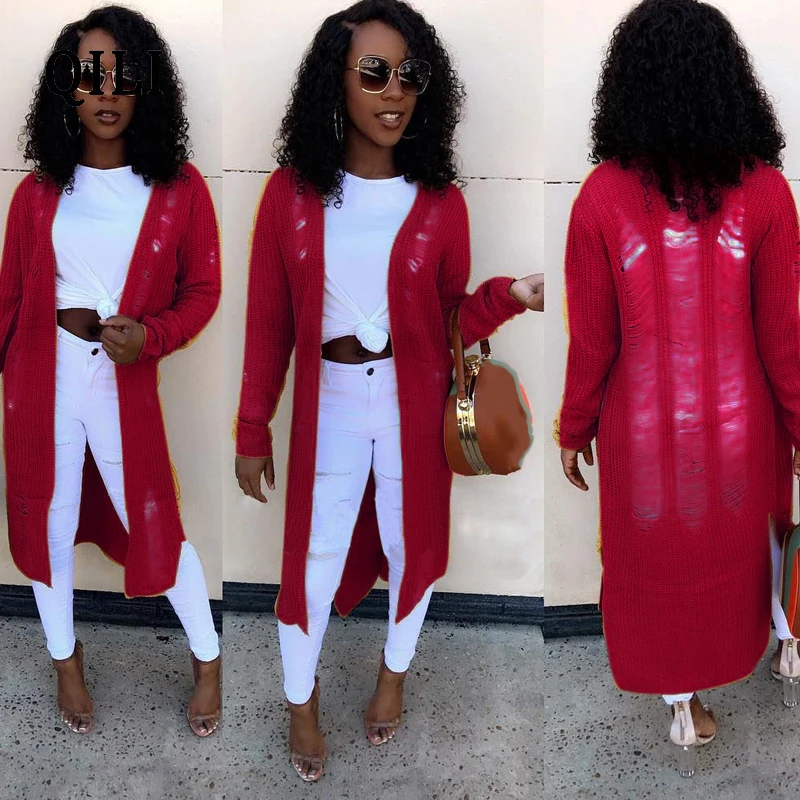 QILI Spring Women Cardigan Knitted Long Sleeve Hollow Out Hole Women Tops Fashion Longline Sweater Cardigan Long Style XXL