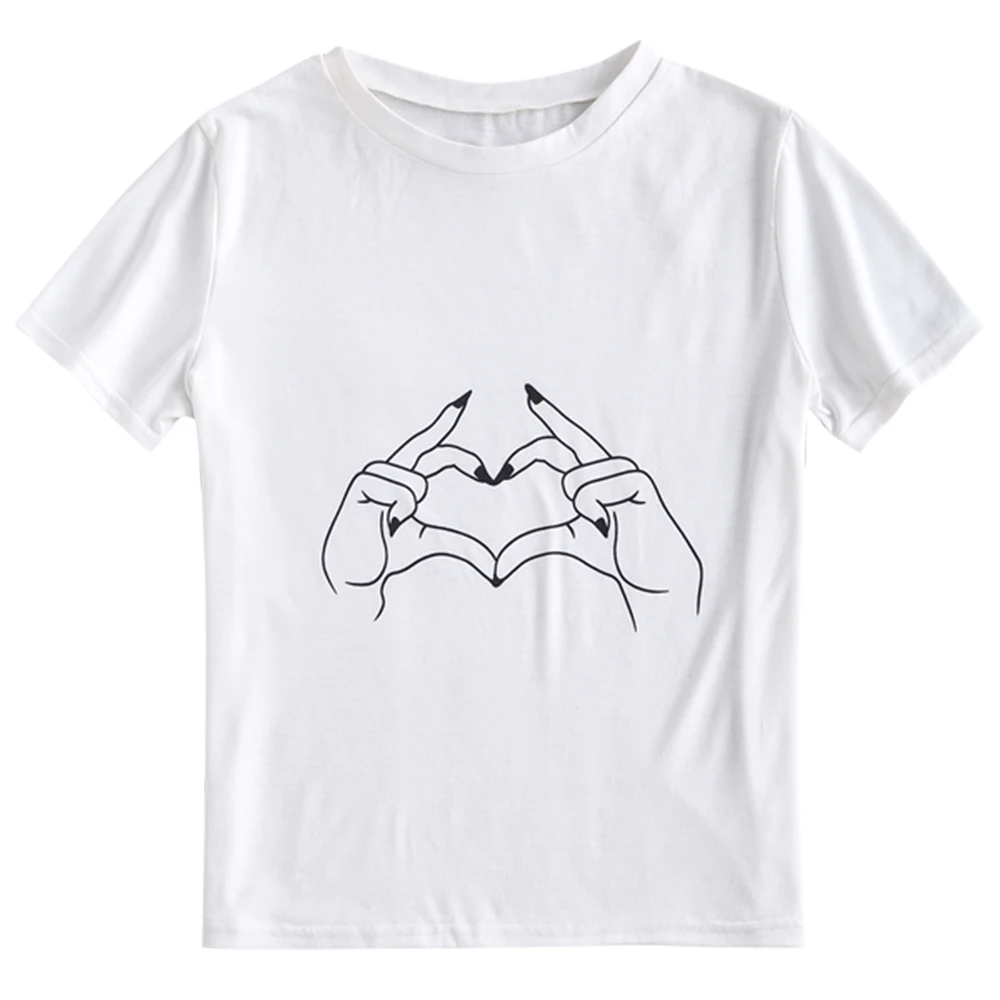 ZAFUL Жест Графический Футболка С Коротким Рукавом Шею Сердце Футболки Streetwear Ежедневно Классические Тройники Женская Летняя Одежда Топы - Цвет: White