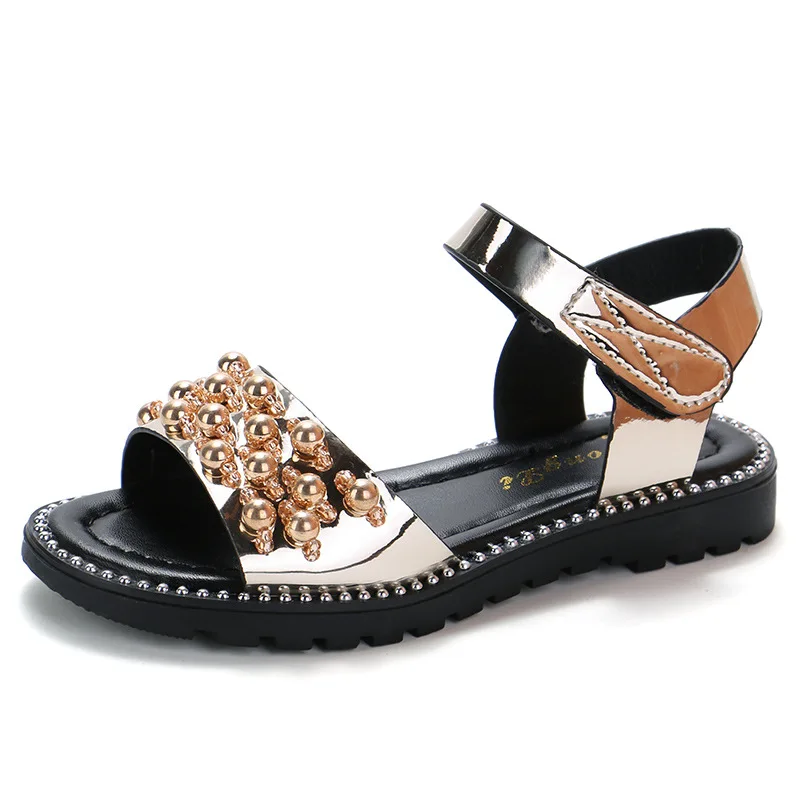 Summer New Girl Rhineston Sandals Kids Child Fashion Bead Patent Leather Princess Sandals Party Shoe For Girls Big Shoe