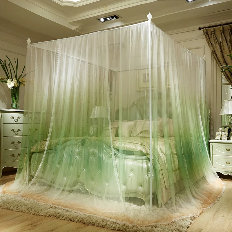 

Gradient Green Blue Gray Orange Luxury Square Three Open Door Lace Mosquito Net 32mm Stainless Steel Mosquito Frame Bedding Set