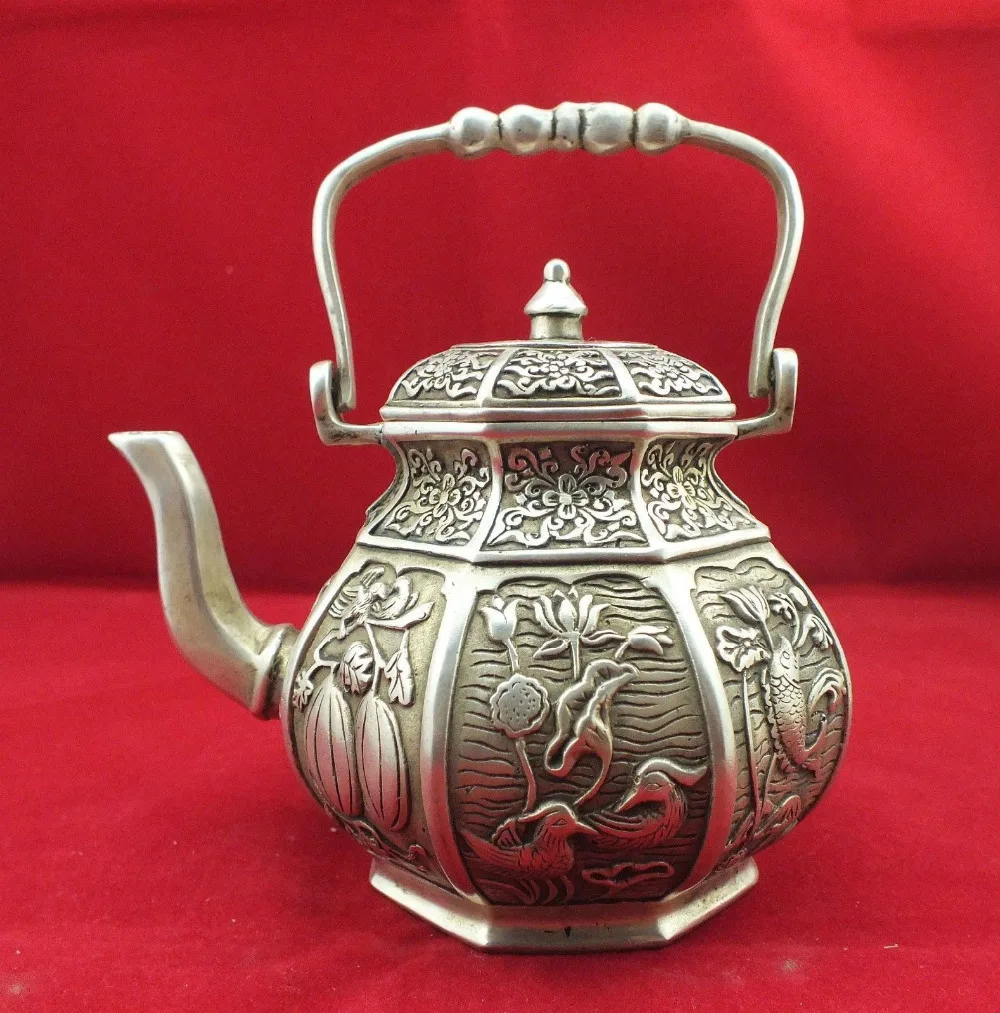

Chinese old miao silver Mandarin duck Fish Phoenix Teapot free shipping
