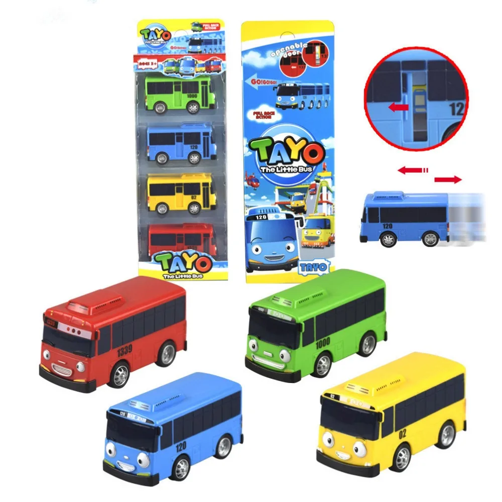 

4pcs/set Korean Cartoon TAYO the Little Bus Araba Oyuncak Car Model Pull Back Toy Car Kids Brinquedo Birthday Gift Door Can Open