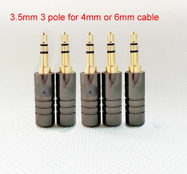 50pcs 3 5mm 3 pole Carbon Black Copper Gold plated repair headphone jack for 6mm cable connection audio plug connectors