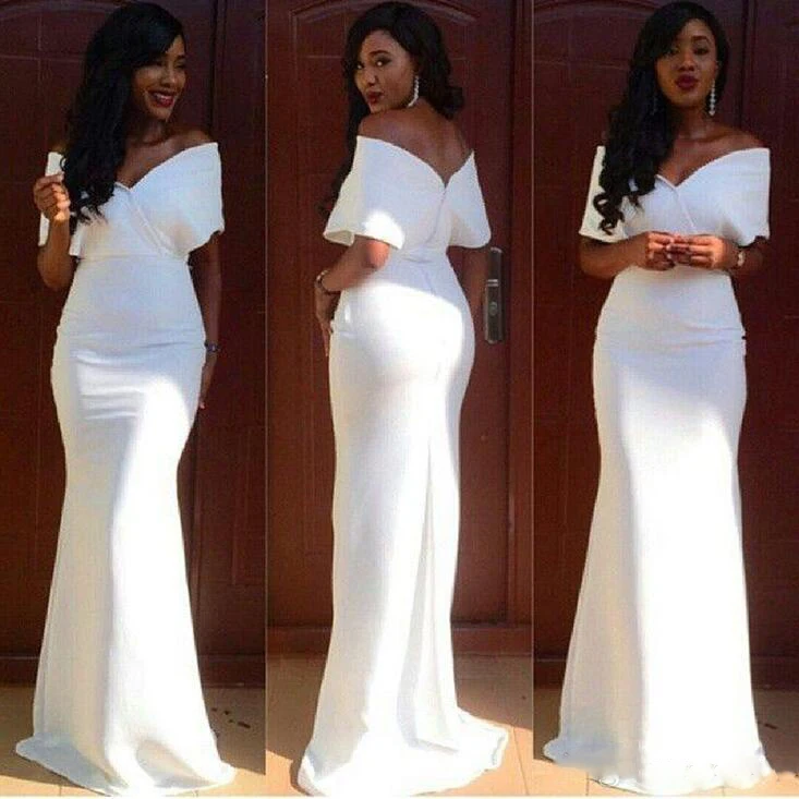 Simple White Satin Short Sleeve Mermaid Prom Dresses 2017 Long Formal Gown V Neck Sexy Off the Shoulder Evening | Свадьбы и