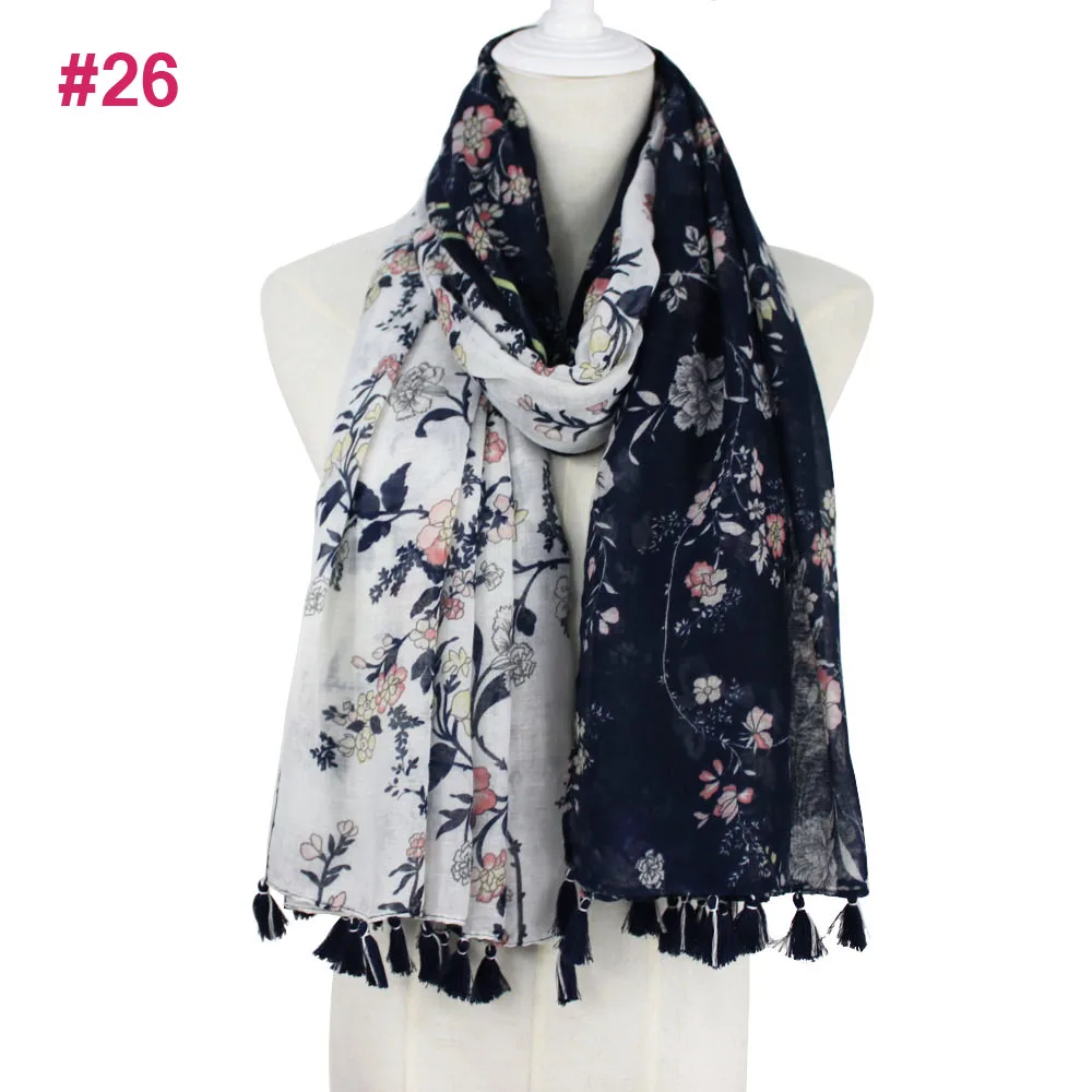 

Women Elegant Fashion Spring Soft comfortable big size Flower Printed cotton voile ladies tassel scarf 2018