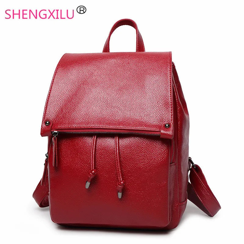 Shengxilu leather women backpacks fashion trend preppy style female backpack casual travel girls bags brand red