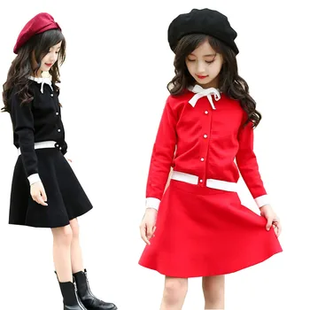 

Children Clothing Set 2019 Spring Autumn Teenage Girls Knitting Red Cardigan Sweater Skirt Suit Kids Tracksuit for Girls Clothes