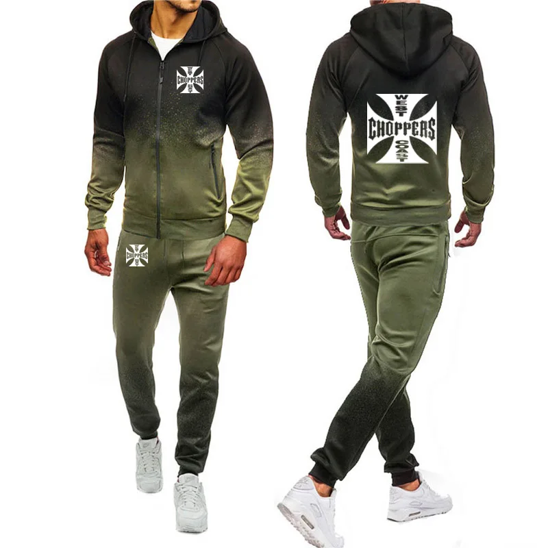 

Hoodies Men West Coast Choppers Gradient Print Casual Harajuku Gradient Hooded zipper Jacket Sweatshirt Sweatpants Suit 2pcs