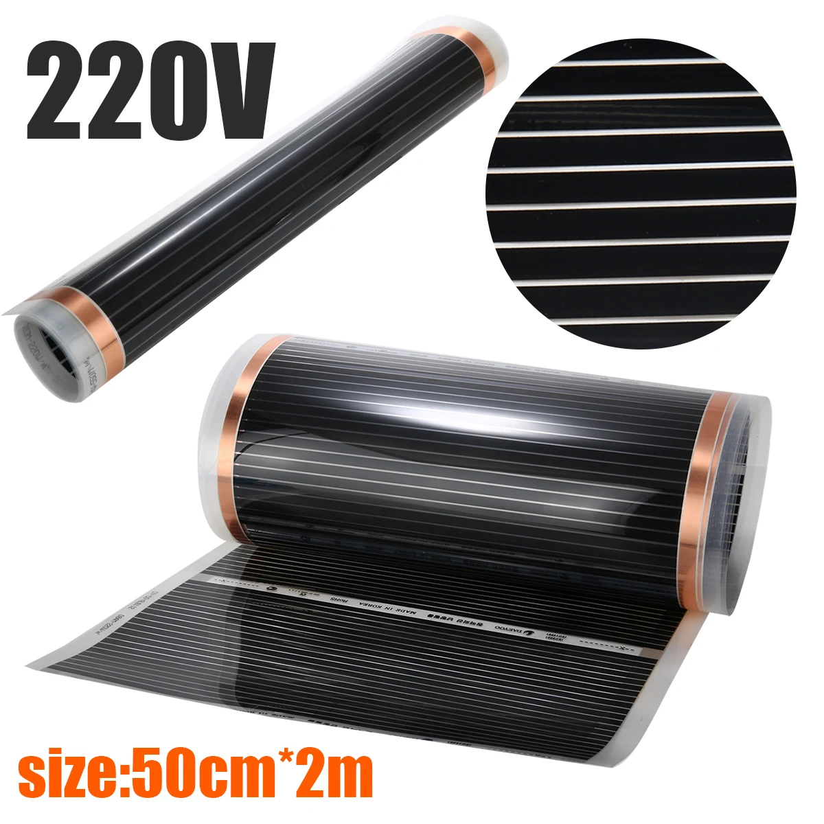 50cmx2m 220V Electric 60 Degree C Home Floor Infrared Underfloor Heating Warm Film Mat Pads Mayitr