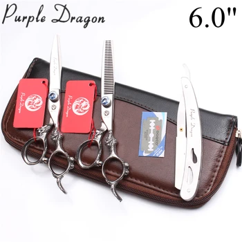 

3Pcs 5.5" 6" Japan 440C Purple Dragon Hairdresser's Scissors Cutting Scissors Thinning Shears Hair Scissors Razor Add Bag Z9108