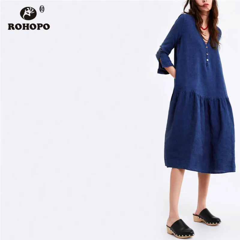 

ROHOPO Navy Blue Autumn Cotton Linen Dress Three Quarter Sleeve Top Buttons Female Midi Solid Dress Pleated Maxi Vestido #CW9026