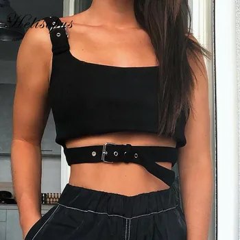 

Helisopus Sexy Black Hollow Out Buckle Tank Top Women Summer Sleeveless Clubwear Backless Crop Tops Fashion Streetwear
