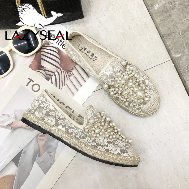 LazySeal/летние женские лоферы с круглым носком; Espadrilles; обувь из сетчатого материала с перламутровым верхом и кружевом; удобная женская обувь из пеньки; слипоны; zapato mujer