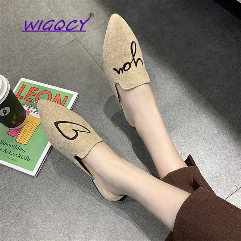 

Spring Women Slippers Flock letter Female Mules Fashion Low Heels Shoe Pointed Toe Plus Size Summer Slides Elegant Woman Slipper