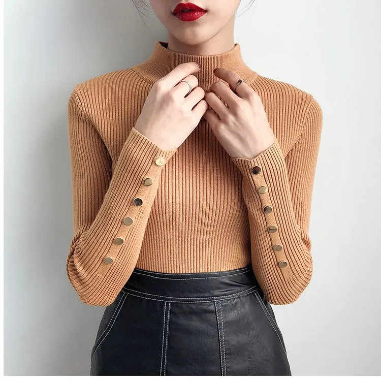 2018 11 Colors Autumn Women Button Turtleneck Knitted Pullovers Full Casual Long Sleeve Solid Basic Sweaters Sweaters