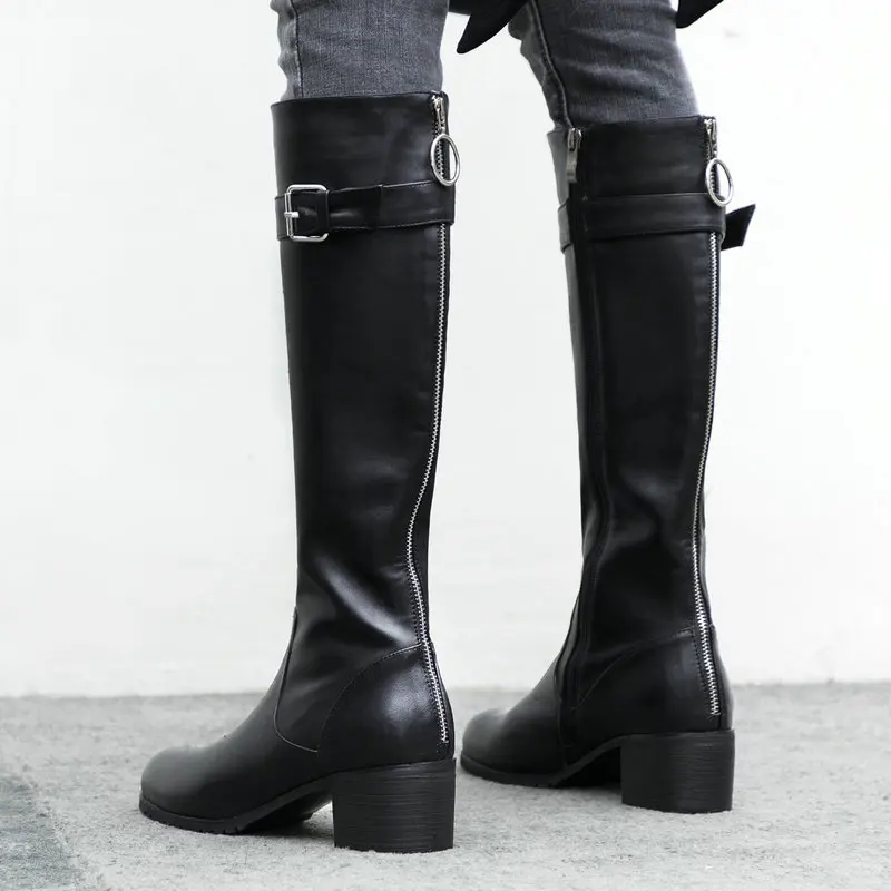 Женские роскошные кожаные сапоги до колена; модные удобные мотоциклетные сапоги на квадратном каблуке; женские высокие сапоги с круглым носком; женская черная обувь; Winte - Цвет: Черный