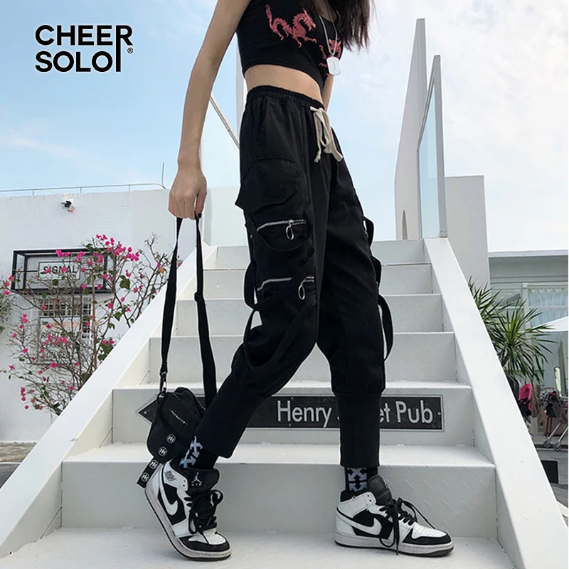 

CheerSolo Hip Hop Cargo Pants Women Summer Black Multi Pockets Ribbon Pants Sweatpants Elastic Waist Zipper Streetwear Trousers