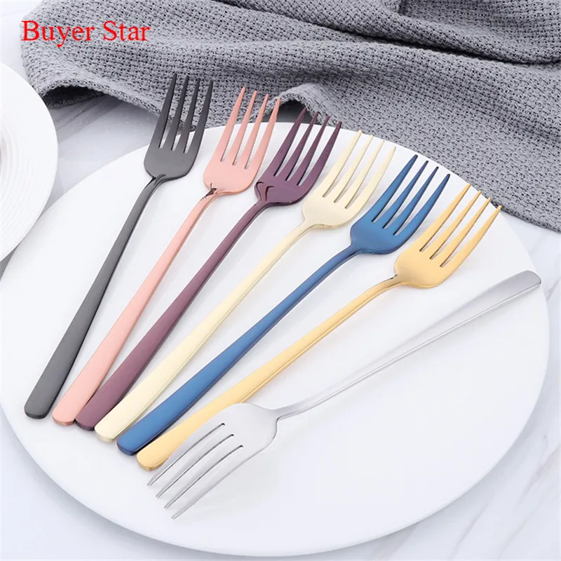 

1Pcs Stainless Steel Dinner Fork Mirror Polish Long Handled Dessert Fork For Dessert Salad Colourful Tableware