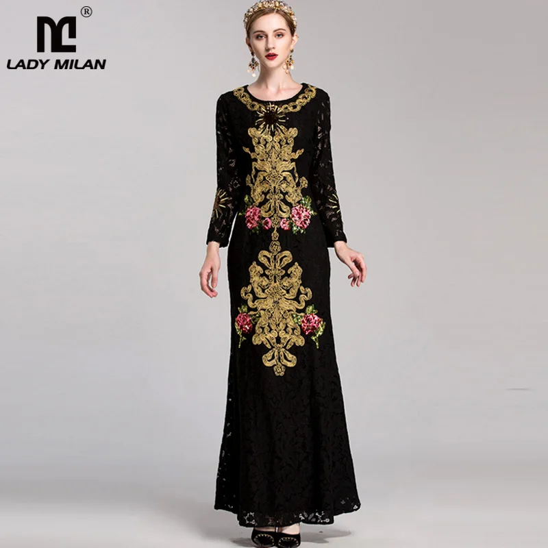 

New Arrival 2019 Women's O Neck Long Sleeves Embroidery Lace Beaded Elegant Prom Maxi Mermaid Runway Dresses