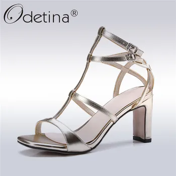 

Odetina New Fashion High Heels Gladiators Women Rome Sandals Square Open Toe Shoes Buckle Strap Dress Shoes Summer Plus Size 44