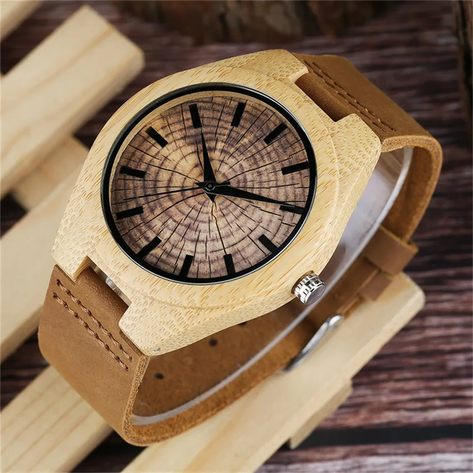 Casual Minimalist Growth Ring Pattern Bamboo Men Quartz Wrist Watch Nature Wood Genuine Leather Band Strap Sport Gifts (3)