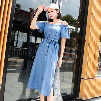 

Summer Tall Women Plus Large Size Casual Denim Long Dress Off Shoulder Sexy Cotton Shirt Dresses Female Beach Jean Sundresses