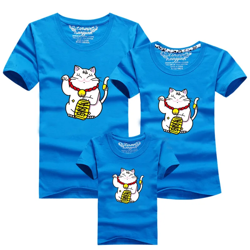 الوالدين والطفل تي شيرت داخلي/في الهواء الطلق الأنشطة الترفيه Manekineko يطبع ترتدي الفتيان الفتيات منعش تي شيرتات قطن