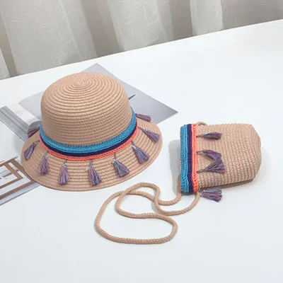MAERSHEI для маленьких девочек соломенная шляпа от солнца Мода цветок лук милые дети пляжная шляпа детская шапочка маленькая сумка набор 4 цвета - Цвет: Pink