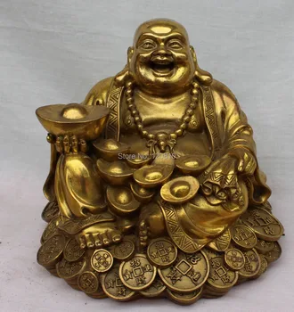 

Chinese Bronze Wealth YuanBao Money Happy Laugh Maitreya Buddha Bead Statue