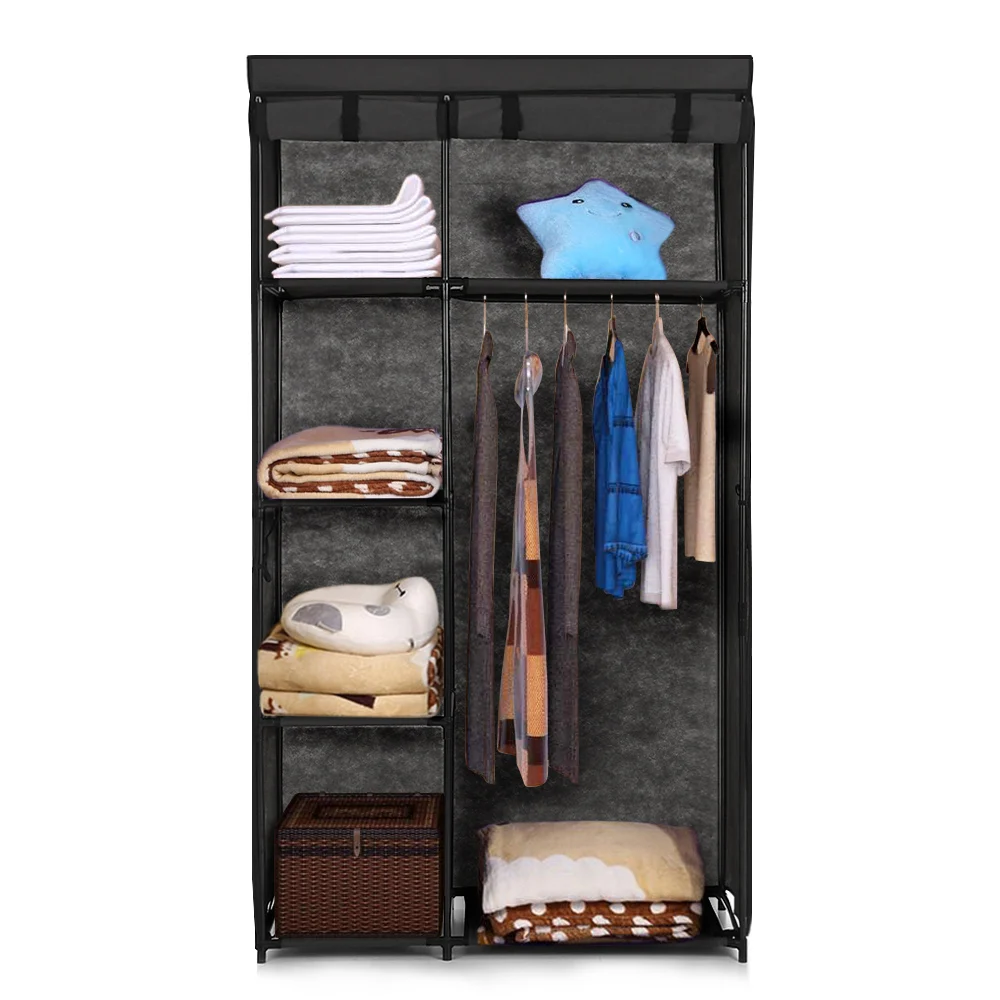 

Fabric Closet Wardrobe Cabinet Roll Up Clothing Storage Organizer Clothes Hanger Rack with 5 Shelves 1 Hanging Rod