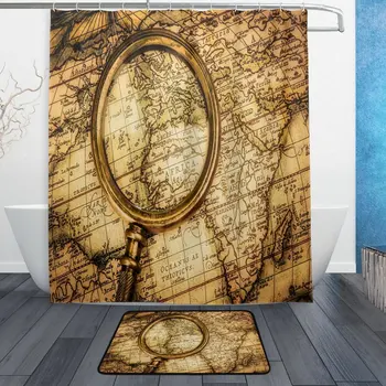 

Vintage World Map Magnifying Glass Waterproof Polyester Fabric Shower Curtain with Hooks Doormat Bath Floor Mat Bathroom